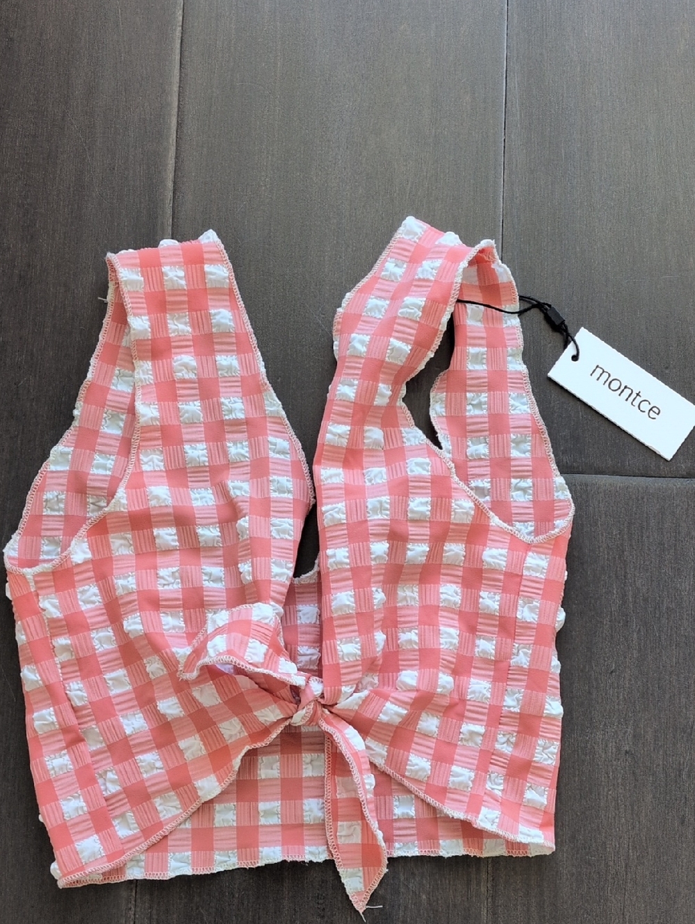Montce Kim Gingham Tie-Front Bikini Top